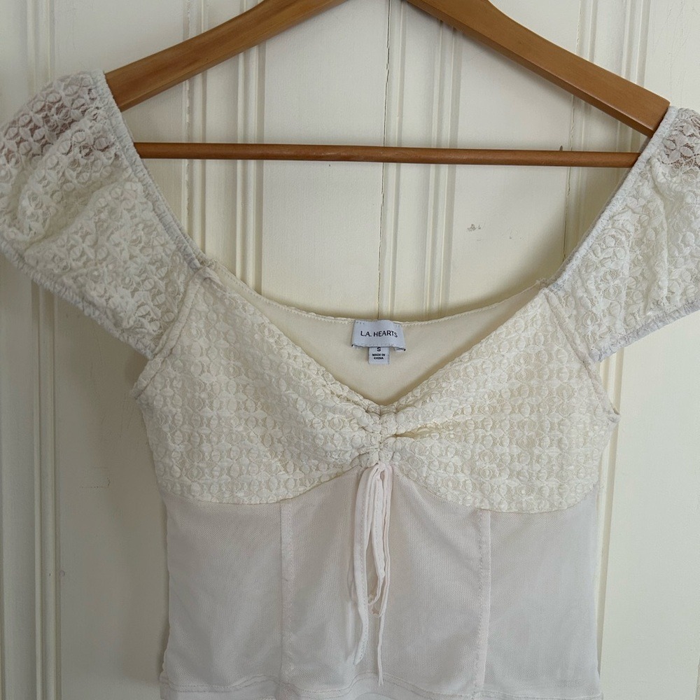 L.A. Hearts S Ivory Lace Mesh  Milkmaid Crop Top Coquette Ballet Boho Fairy